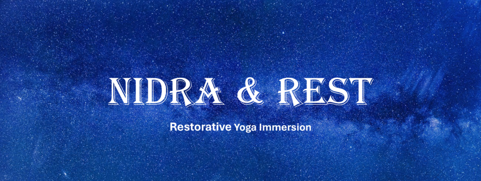 Nidra & Rest text on a bright blue constellation of stars background