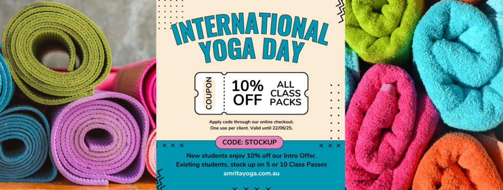 Coupon showing 10% off all class packs surrounded by mats and towels